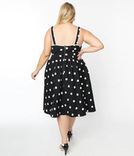 Load image into Gallery viewer, Black and Ivory Flocked Polka Dot Pinafore Swing Dress