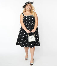 Load image into Gallery viewer, Black and Ivory Flocked Polka Dot Pinafore Swing Dress