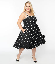 Load image into Gallery viewer, Black and Ivory Flocked Polka Dot Pinafore Swing Dress