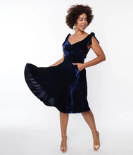 Load image into Gallery viewer, Navy Velvet Prairie Swing Dress
