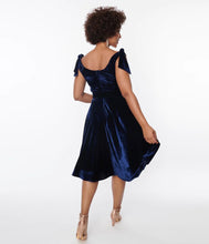 Load image into Gallery viewer, Navy Velvet Prairie Swing Dress