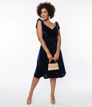 Load image into Gallery viewer, Navy Velvet Prairie Swing Dress