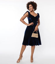 Load image into Gallery viewer, Navy Velvet Prairie Swing Dress