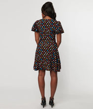 Load image into Gallery viewer, Black and Multicolor Hearts Fit and Flare Zipper Dress