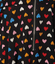 Load image into Gallery viewer, Black and Multicolor Hearts Fit and Flare Zipper Dress
