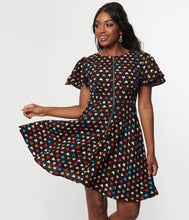 Load image into Gallery viewer, Black and Multicolor Hearts Fit and Flare Zipper Dress