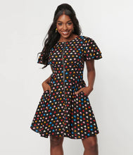 Load image into Gallery viewer, Black and Multicolor Hearts Fit and Flare Zipper Dress