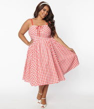 Load image into Gallery viewer, Coral Red Gingham Golightly Swing Dress