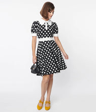 Load image into Gallery viewer, Black and White Polka Dot Print Flare Dress
