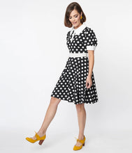Load image into Gallery viewer, Black and White Polka Dot Print Flare Dress