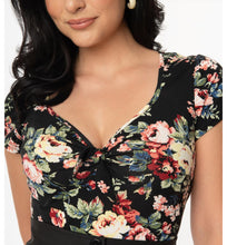 Load image into Gallery viewer, Black and Rose Floral Print Sweetheart Rosemary Top