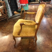 Load image into Gallery viewer, Vintage Tan Wood Arm Chair with Gold Velvet Cushions