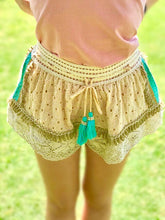 Load image into Gallery viewer, Lace eyelet shorts ecru teal tassel drawstring