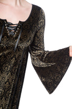 Load image into Gallery viewer, Gold and Black Stained Glass Print Velvet Dress with Bell Sleeves and Lace Up Collar