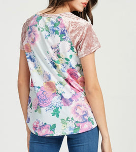 Floral Print and Velvet Short Sleeve Ringer Top