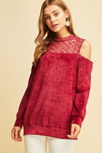 Load image into Gallery viewer, Burgundy Lace and Velvet Cold Shoulder Top