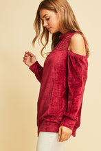 Load image into Gallery viewer, Burgundy Lace and Velvet Cold Shoulder Top