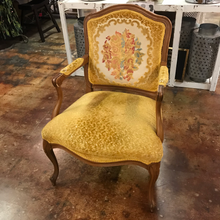 Load image into Gallery viewer, Vintage Tan Wood Arm Chair with Gold Velvet Cushions
