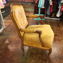 Load image into Gallery viewer, Vintage Tan Wood Arm Chair with Gold Velvet Cushions