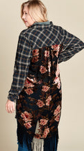 Load image into Gallery viewer, Jo Flannel Kimono with Velvet Floral Burnout Back
