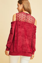 Load image into Gallery viewer, Burgundy Lace and Velvet Cold Shoulder Top