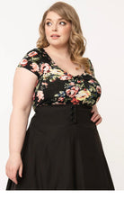 Load image into Gallery viewer, Black and Rose Floral Print Sweetheart Rosemary Top