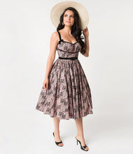 Load image into Gallery viewer, Micheline Pitt for Unique Vintage Peach and Black Lace Print Alice Swing Dress- Size Large LASt ONE!