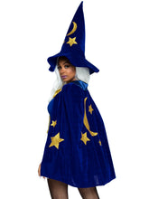 Load image into Gallery viewer, Blue Velvet Moon and Stars Cape and Wizard Hat