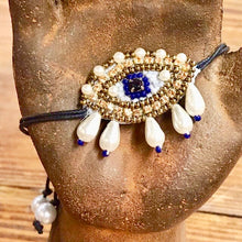Load image into Gallery viewer, Rhinestone and pearl evil eye bracelet