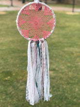 Load image into Gallery viewer, Pink crochet and lace dream catcher