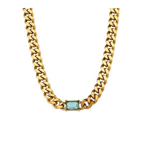 Aqua Baguette Stone Cuban Link Chain Necklace