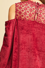 Load image into Gallery viewer, Burgundy Lace and Velvet Cold Shoulder Top