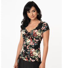 Load image into Gallery viewer, Black and Rose Floral Print Sweetheart Rosemary Top