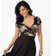 Load image into Gallery viewer, Black and Rose Floral Print Sweetheart Rosemary Top
