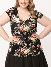 Load image into Gallery viewer, Black and Rose Floral Print Sweetheart Rosemary Top