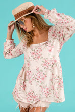 Load image into Gallery viewer, Cream and Pink Floral Print Square Neck Peplum Top
