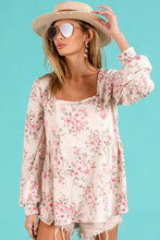 Load image into Gallery viewer, Cream and Pink Floral Print Square Neck Peplum Top
