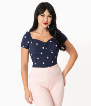 Load image into Gallery viewer, Nora Navy and Pink Polka Dot Top