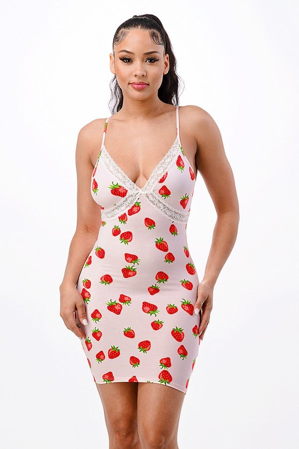 Strawberry Print Lace Cami Bodycon Dress Strawberry Print Lace Cami Bodycon Dress