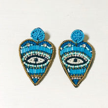 Load image into Gallery viewer, Blue beaded evil eye earrings
