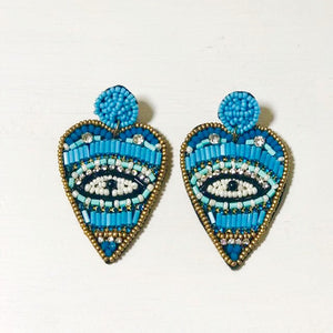 Blue beaded evil eye earrings