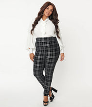 Load image into Gallery viewer, Black and Silver Plaid Velvet Rizzo Cigarette Pants