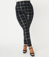 Load image into Gallery viewer, Black and Silver Plaid Velvet Rizzo Cigarette Pants