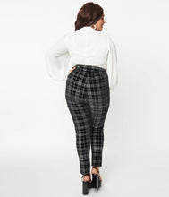 Load image into Gallery viewer, Black and Silver Plaid Velvet Rizzo Cigarette Pants