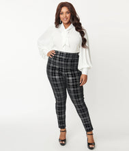 Load image into Gallery viewer, Black and Silver Plaid Velvet Rizzo Cigarette Pants