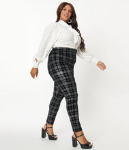 Load image into Gallery viewer, Black and Silver Plaid Velvet Rizzo Cigarette Pants