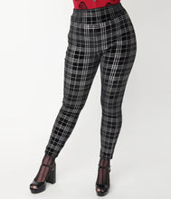 Load image into Gallery viewer, Black and Silver Plaid Velvet Rizzo Cigarette Pants
