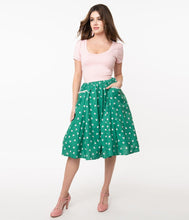 Load image into Gallery viewer, Susannah Green and Pink Hearts Swing Skirt