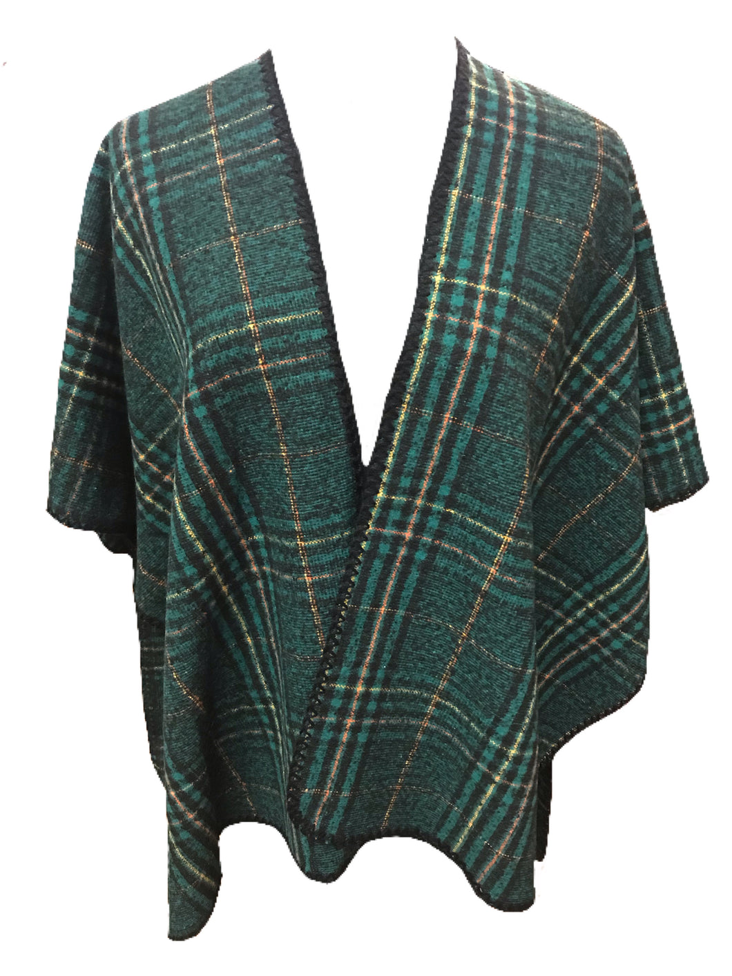 Green Plaid Print Oversized Poncho with Stitched Edges