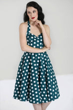 Load image into Gallery viewer, Mariam Teal and White Polka Dot Halter Swing Dress